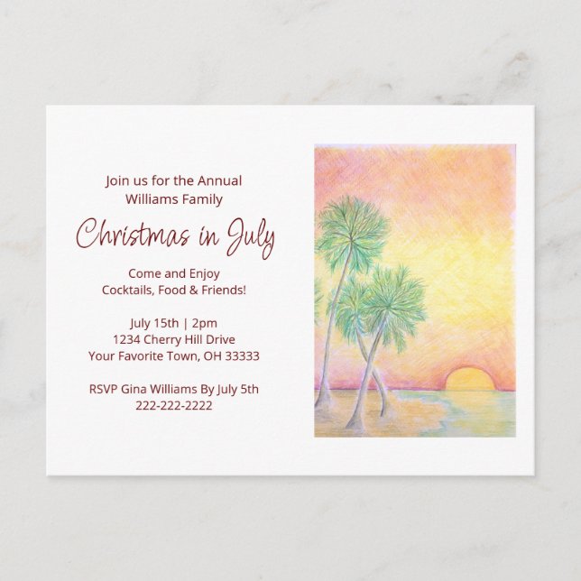 Tropical Beach Christmas in July Party Invitation Postcard (Front)
