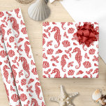 Tropical Beach Christmas Red Glitter Seahorses  Wrapping Paper<br><div class="desc">This festive tropical beach Christmas wrapping paper features a pattern of red glitter seahorses,  seashells,  and holly sprigs on a white background. If you would like this design on more products or other colorways,  or for other design-related enquiries,  please contact me through Zazzle Chat.</div>