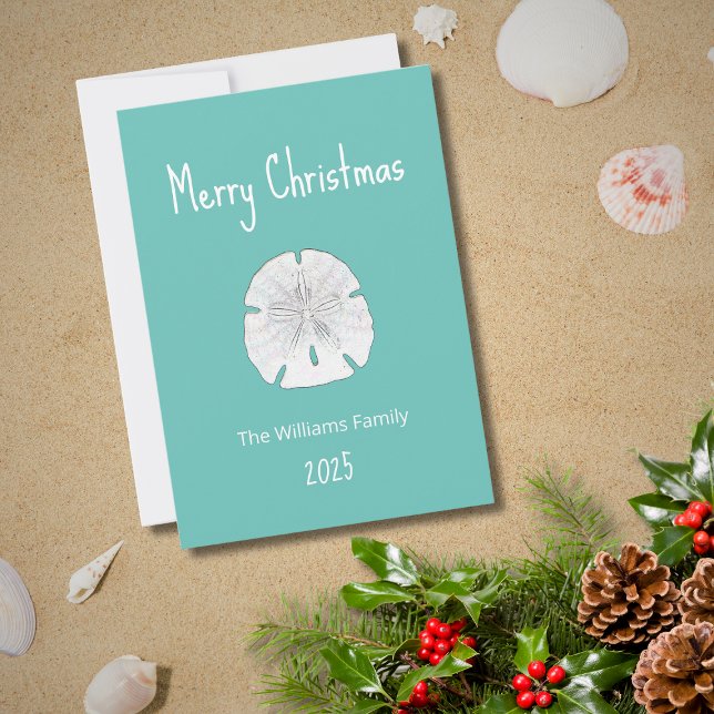 Tropical Beach Christmas Sand Dollar Teal  Holiday Card (Creator Uploaded)