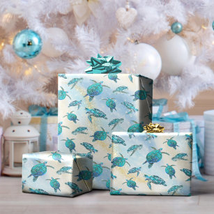 Tropical Beach Christmas Sea Turtle Glitter Wrapping Paper