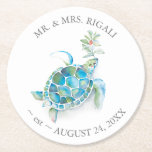 Tropical Beach Christmas Sea Turtle  Round Paper Coaster<br><div class="desc">Tropical beach Christmas coasters were designed using a replica of my original watercolor turquoise blue sea turtle with a sprig of holiday greenery. Personalise with your name and wedding date. To see more cute tropical beach wedding favours and holiday party decor visit www.zazzle.com/dotellabelle</div>
