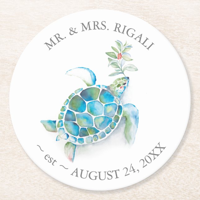 Tropical Beach Christmas Sea Turtle  Round Paper Coaster (Front)