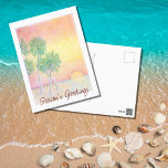 Tropical Beach Christmas Sunset Palm Trees Holiday Postcard<br><div class="desc">Tropical Beach Christmas holiday postcard,  with a colourful hand drawn art piece design of an island sunset. With customisable lettering,  you can add your own text. A fun card to send to loved ones far and near.</div>