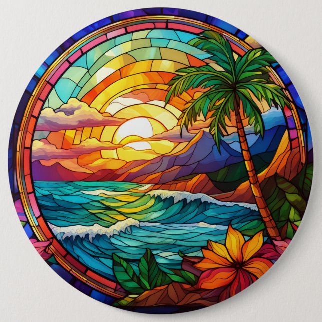 tropical beach cliffs stained glass art 6 cm round badge (Front)