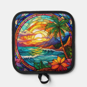 tropical beach cliffs stained glass art pot holder