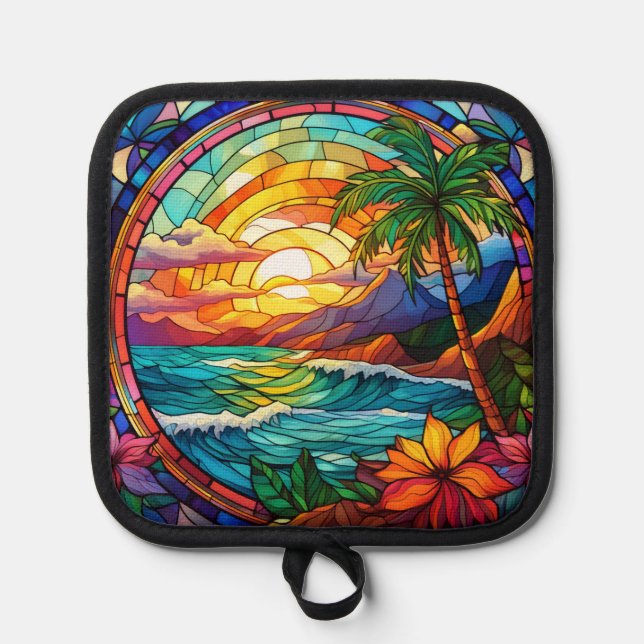 tropical beach cliffs stained glass art pot holder (Front)