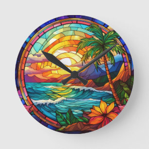tropical beach cliffs stained glass art round clock