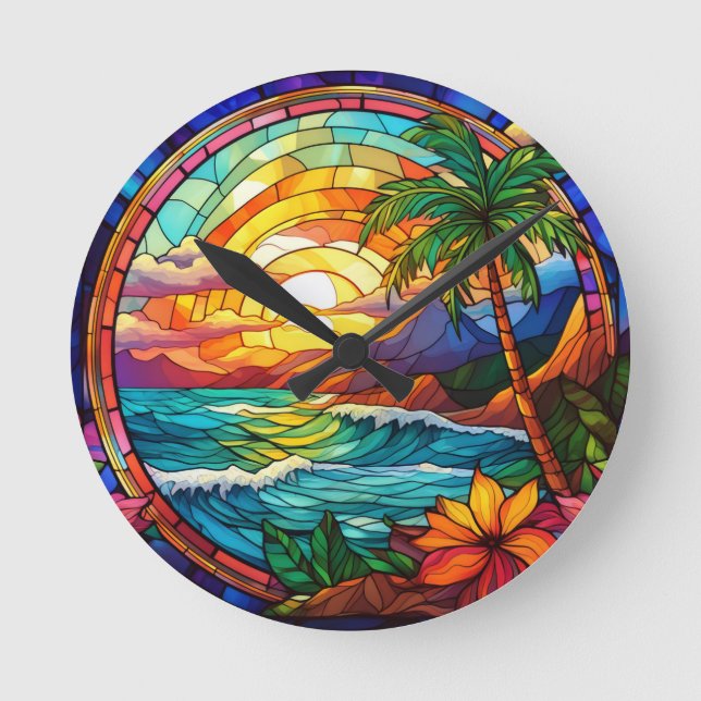 tropical beach cliffs stained glass art round clock (Front)