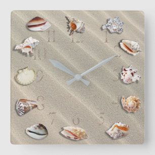 TROPICAL BEACH CLOCK.  SEASHELLS ON A SANDY BEACH SQUARE WALL CLOCK