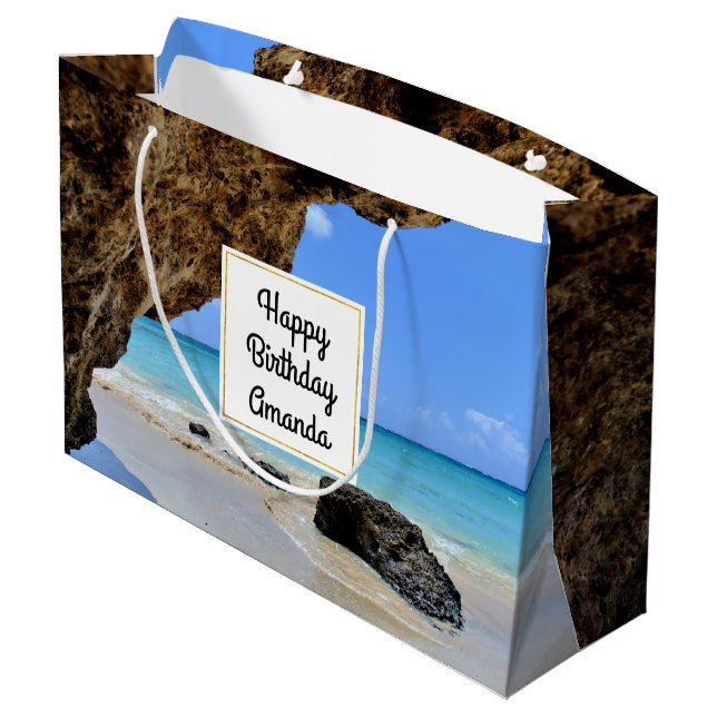 Tropical Beach Coast with a Big Rock Birthday Large Gift Bag (Back Angled)