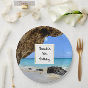 Tropical Beach Coast with a Big Rock Birthday Paper Plate