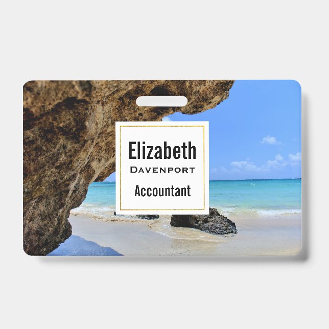 Tropical Beach Coast with a Big Rock ID Badge (Front)