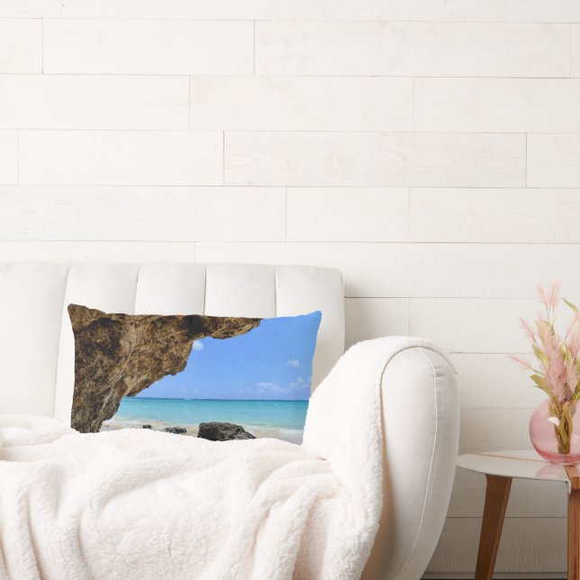 Tropical Beach Coast with a Big Rock Lumbar Cushion (Couch)