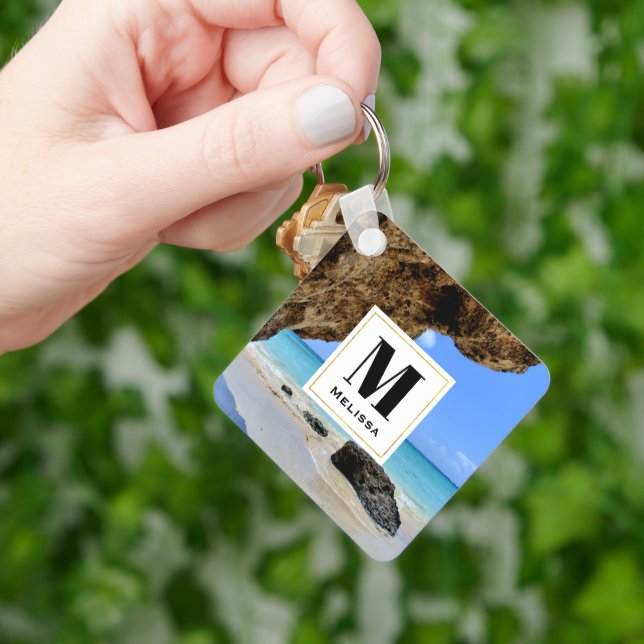 Tropical Beach Coast with a Big Rock Monogram Key Ring (Hand)