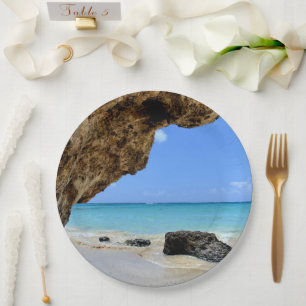 Tropical Beach Coast with a Big Rock Paper Plate