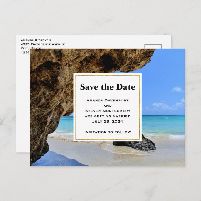 Tropical Beach Coast with a Big Rock Save the Date Invitation Postcard (Front/Back)