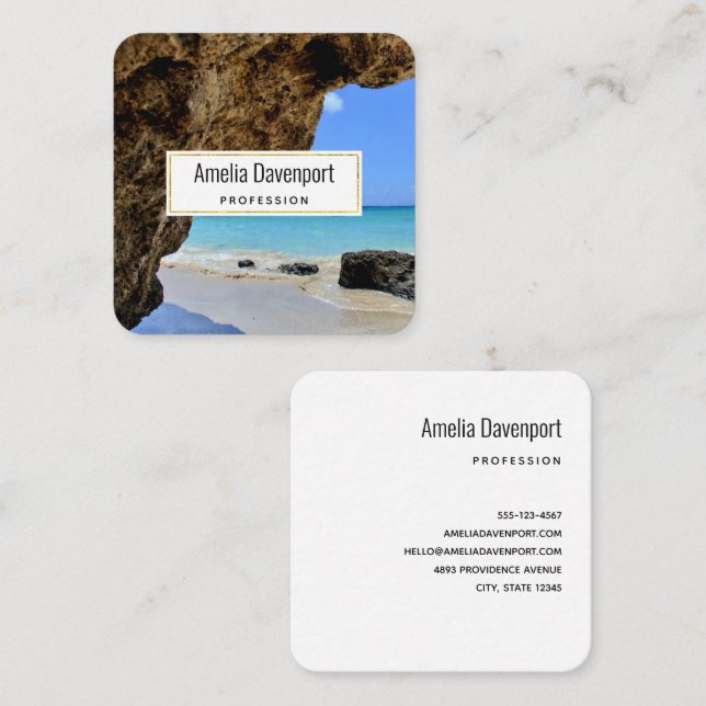 Tropical Beach Coast with a Big Rock Square Business Card (Front/Back)