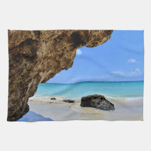 Tropical Beach Coast with a Big Rock Tea Towel