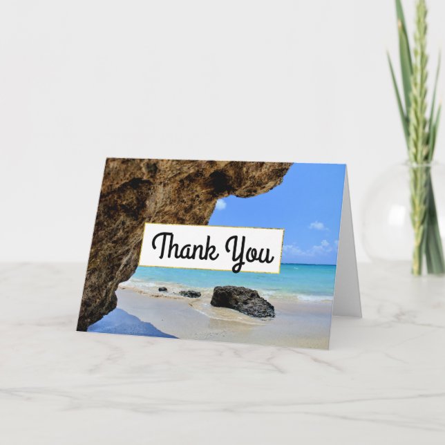 Tropical Beach Coast with a Big Rock Thank You Card (Front)