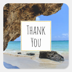 Tropical Beach Coast with a Big Rock Thank You Square Sticker