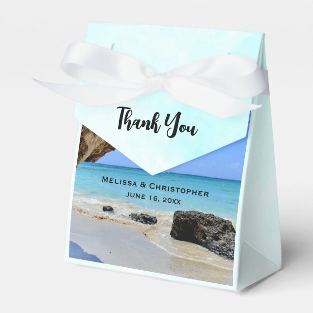 Tropical Beach Coast with a Big Rock Wedding Favour Box (Front Side)