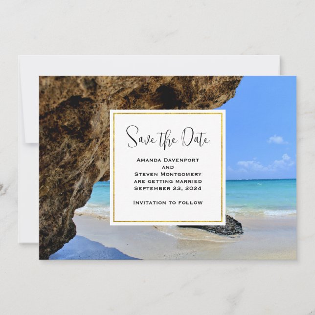 Tropical Beach Coast with a Big Rock Wedding Save The Date (Front)