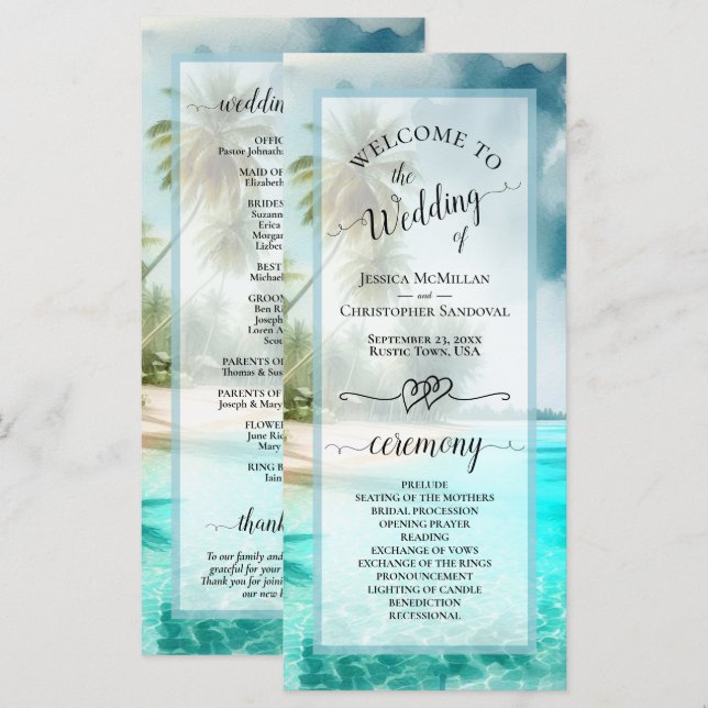 Tropical Beach Coastal Palm Trees Elegant Wedding Programme (Front/Back)