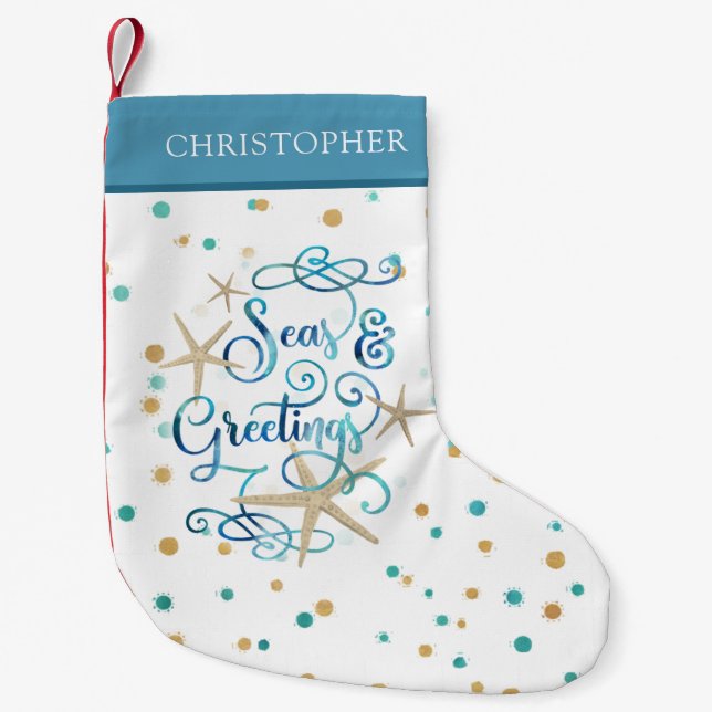 Tropical Beach Coastal SEASons GREETINGS Starfish Small Christmas Stocking (Front)