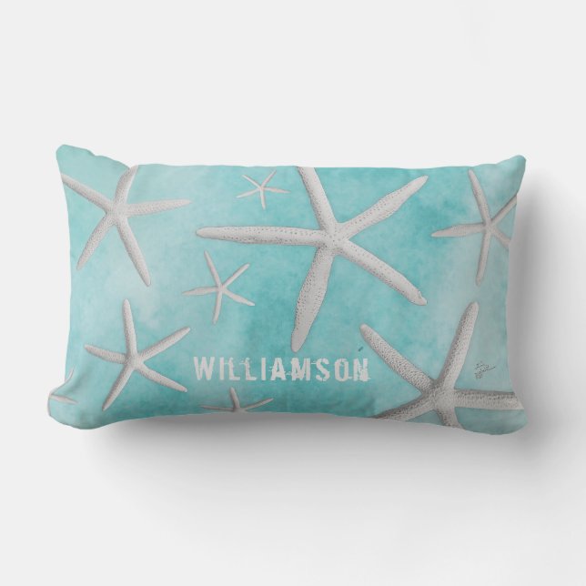 Tropical Beach Coastal Starfish Modern Blue Lumbar Cushion (Front)