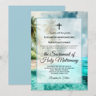 Tropical Beach Coastal Watercolor Catholic Wedding Invitation