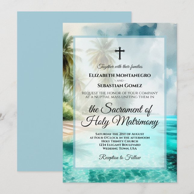 Tropical Beach Coastal Watercolor Catholic Wedding Invitation (Front/Back)