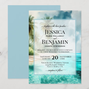 Tropical Beach Coastal Watercolor Stylish Wedding Invitation