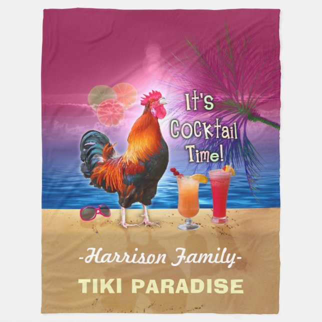 Tropical Beach Cocktail Bar Funny Rooster Chicken Fleece Blanket (Front)