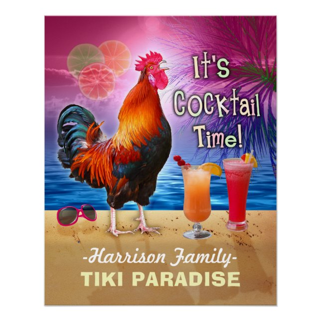 Tropical Beach Cocktail Bar Funny Rooster Chicken Poster (Front)