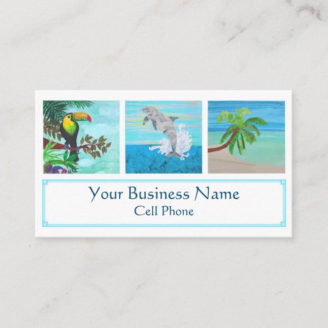 Tropical Beach Colourful Toucan Dolphin Palm Tree Business Card (Front)
