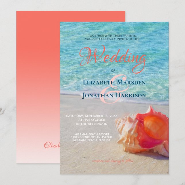 Tropical Beach Conch Shell Modern Ombre Wedding Invitation (Front/Back)