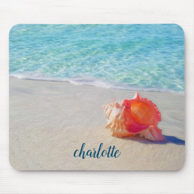 Tropical Beach Coral Conch Seashell Blue Sea Mouse Mat (Front)