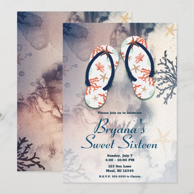 Tropical Beach Coral Flip Flops Sweet 16 Party  Invitation (Front/Back)