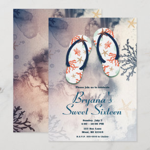 Tropical Beach Coral Flip Flops Sweet 16 Party  Invitation