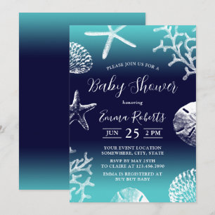 Tropical Beach Coral Reef Navy & Teal Baby Shower Invitation