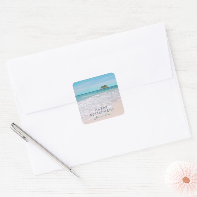 Tropical Beach Custom "Happy Retirement" Party Square Sticker (Envelope)