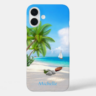 Tropical Beach Custom Name iPhone 16 Plus Case
