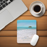 Tropical Beach Custom Text "Happy Retirement" Mouse Mat<br><div class="desc">This peaceful and serene tropical beach seascape can be personalised with your text and name. It is a photograph of waves against a beautiful beach with a turquoise blue sea and distant island. It is the perfect gift for beach lovers!</div>