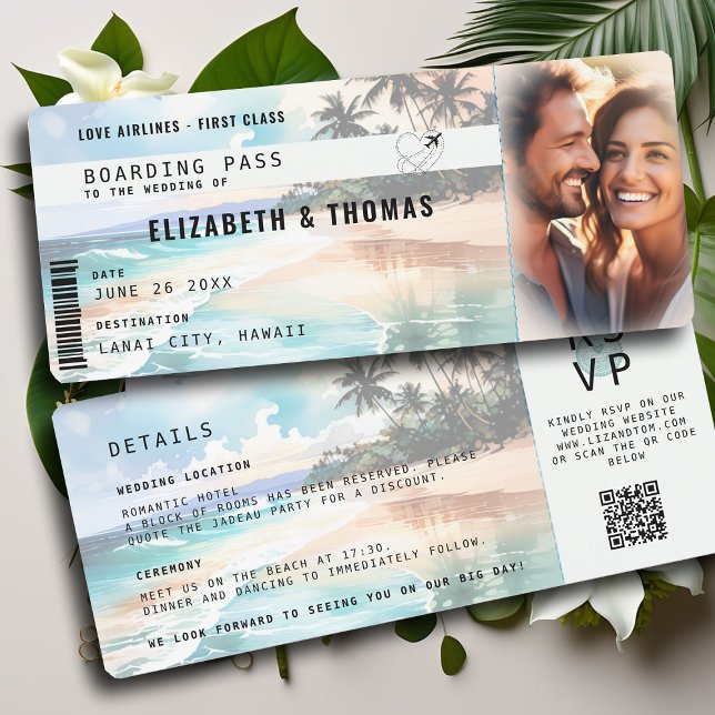 Tropical Beach Destination Aeroplane Ticket Weddin Invitation (destination wedding tropical beach boarding pass photo wedding invitation palm tree ocean pastel)