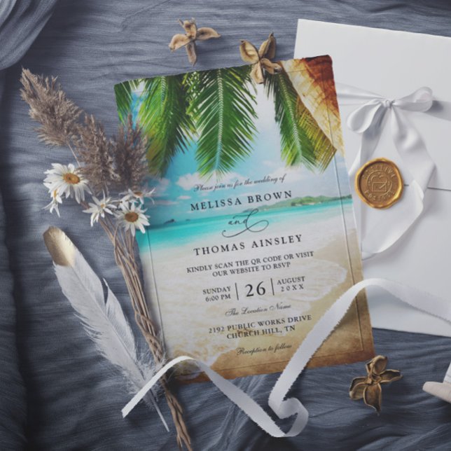 Tropical Beach Destination Chic QR Code Wedding Invitation (Creator Uploaded)