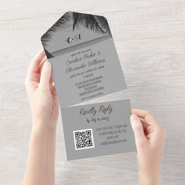 Tropical Beach Destination Elegant RSVP QR Code Al All In One Invitation (Tearaway)