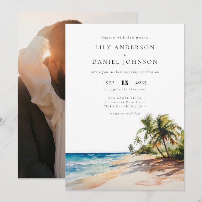 Tropical Beach Destination Photo Wedding Invitation (Front/Back)