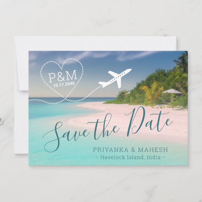 Tropical Beach Destination Wedding Aeroplane Heart Save The Date (Front)