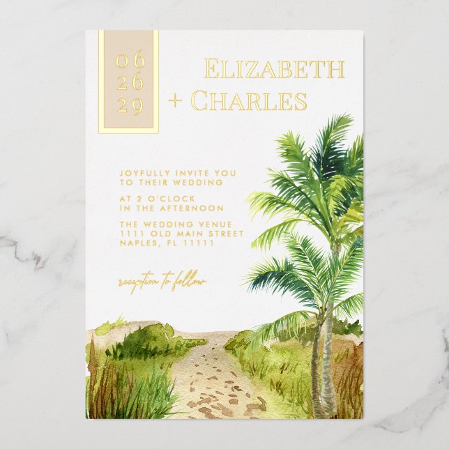 Tropical Beach Destination Wedding Foil Invitation (Front)