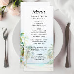 Tropical Beach Destination Wedding Menu<br><div class="desc">This elegant and beautiful watercolor wedding menu features a beach,  blue sky and palm trees. The text combines handwritten script and sans serif fonts for a stylish and modern look. This is perfect for a summer beach or tropical destination wedding.</div>